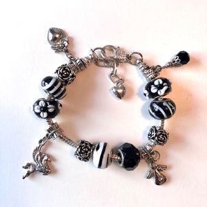 Hand Made Bead Bracelet - Silver/Black/White